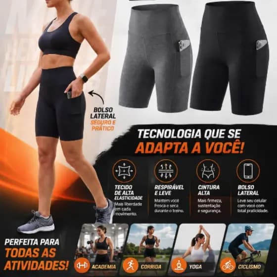 Bermuda Ciclista Feminina Cintura Alta com Bolso na lateral Zero Transparência Academia Fitness