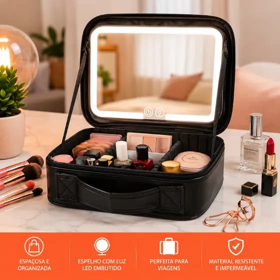 Necessaire Cosméticos Maquiagem Portátil Alça Espelho Interior Organizadora Compacta