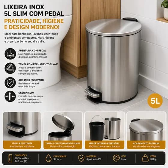 Lixeira Inox Slim 5 Litros Pedal Resistente Cozinha Banheiro Moderno