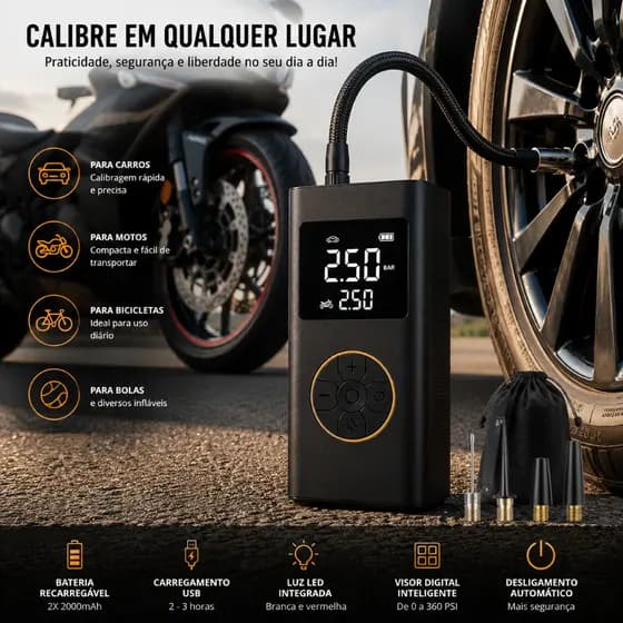 Mini Compressor Bomba Ar Digital Portátil Compacto Inflador Pneus Preto