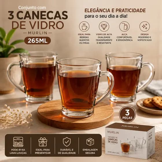 Kit Trio Caneca Vidro Transparente 265ml Design Moderno Resistente