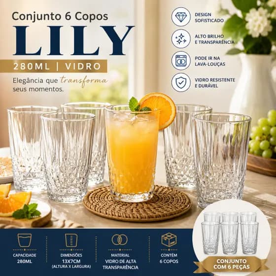Conjunto 6 Copos Vidro Transparente 280ml Duraveis Usos Diversos Design Elegante