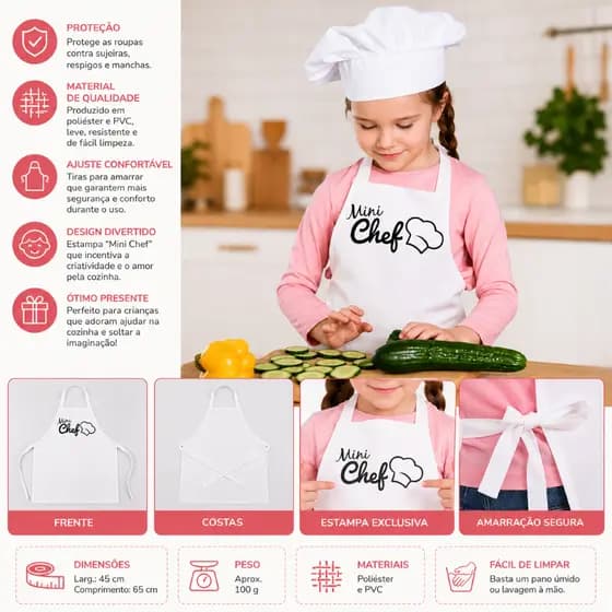 Avental Infantil Mini Chef Branco Ajustavel Protecao Pratica Cozinha Educativa