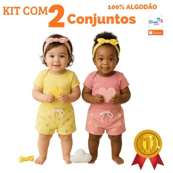 Kit 2 Conjuntos de Bebê Menina Body e Short e Tiara Malha Algodão BRUNO BABY