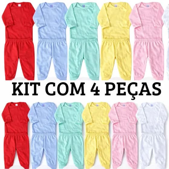 kit enxoval 4 peças combinando 100% algodão bebê menino e menina 2 body e 2 calça lisos.