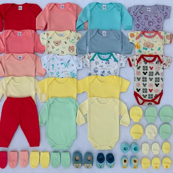 Kit 24 peças Enxoval Bebê Body Calça Touca Meias Completo Algodão