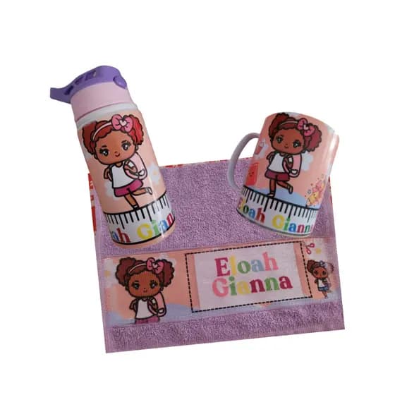 Kit Caneca (polimero), toalha e Squeeze (garrafa) colorido personalida