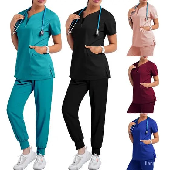Conjunto De 2 Peças Scrub Suit Medical Women New T-Shirt Com Bolso Decollet In Cheese Top , Calças Enfermeira Roupa De Trabalho Uniforme Médico Clínica Dentária KLINIK KKM