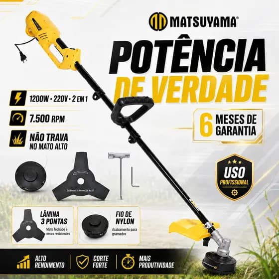 Roçadeira Elétrica 1200W 220V Matsuyama Lâmina 3 Pontas Fio Nylon Profissional 6 Meses de garantia