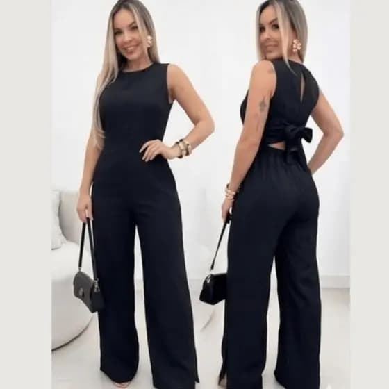 Macacão Feminino Regata Pantalona Costas Amarração Alfaiataria