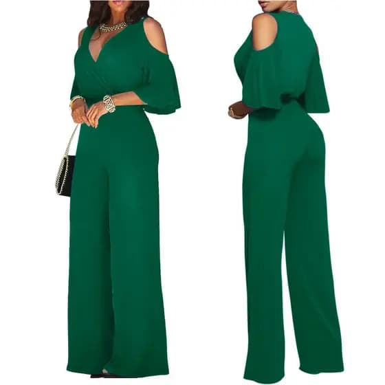 Macacão Feminino De Mangas Curtas Com Decote Em V Verde