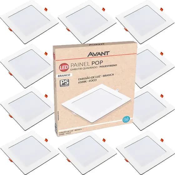 Kit 10 Painel Plafon Quadrado Embutir 12W Luz Branca 6500K Luminária de Gesso Forro 127v 220v Avant