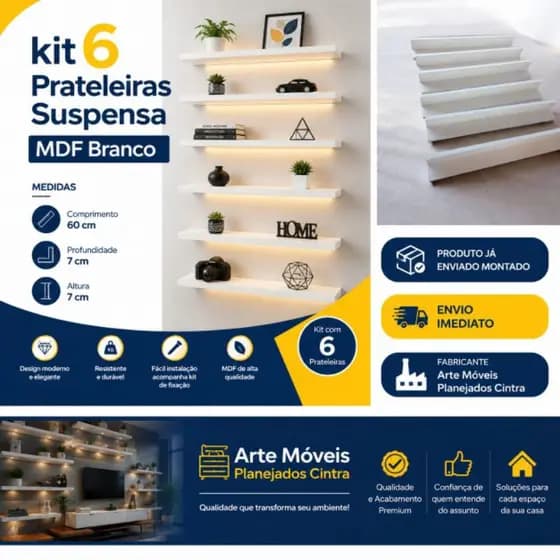 Kit 6 Pratileiras MDF, Expositor, Esmalte, Tinta, Tempero, Branco Texteorizado