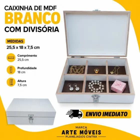 Caixinha MDF Branco com Divisória Removível, Porta Jóias e Lembrancinhas