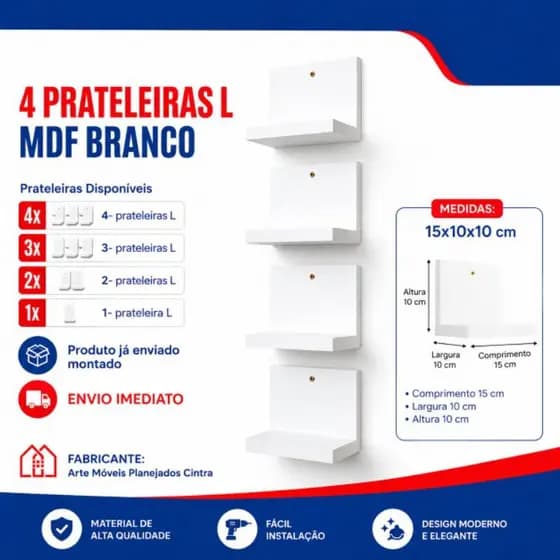 Mini Prateleira L MDF Branco TX 15x10x10 CM Ambiente Decorativos Sala Quarto Banheiro