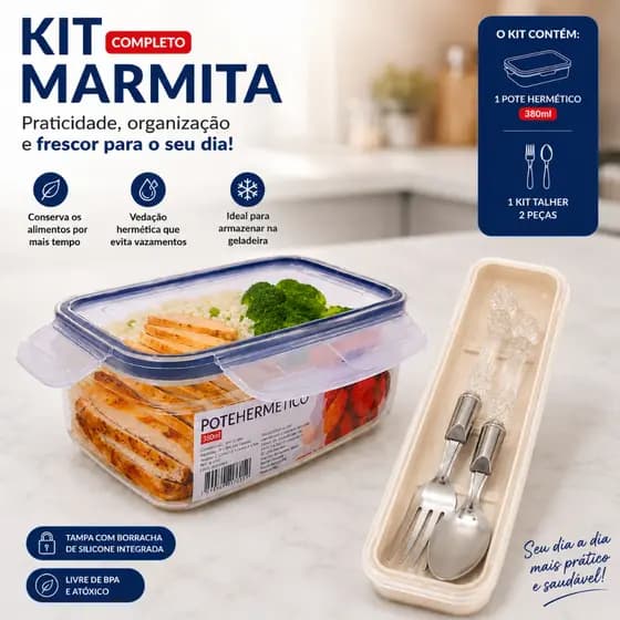 Marmita Hermética Completa Pote 360ml + Kit Talher 2 Peças – Vazilha Hermética