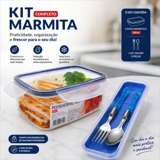 Kit Marmita Hermética Pote 360ml com Talheres e Estojo – Pote Bizador Anti Vazamento