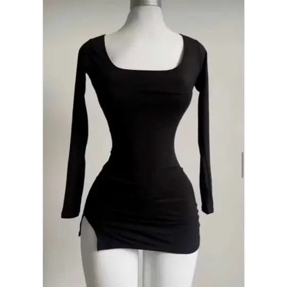Vestido feminino com decote quadrado e fenda, manga longa 012