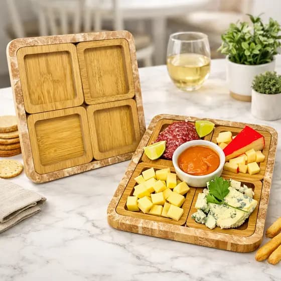 Conjunto 4 Petisqueiras Quadradas em Madeira MDF com Base para Petiscos Queijos e Aperitivos Kit
