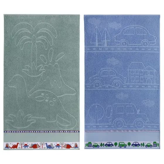 Kit 2 Toalhas Banho Infantil Criança Algodão Jacquard Menino 1,20m X 0,70m Estampas Carro e Dinossauro