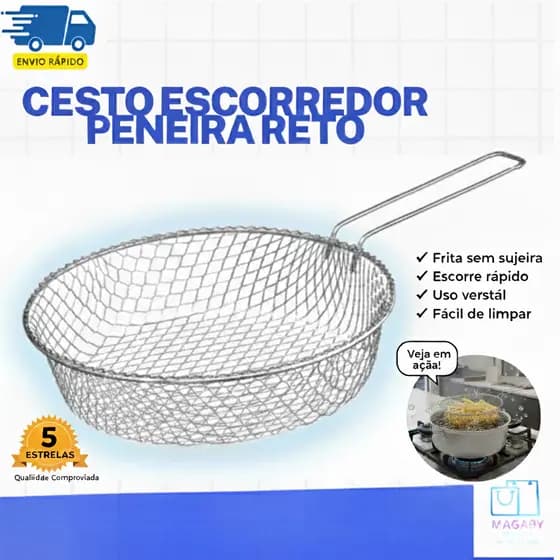 Cesto Escorredor Peneira Reto em Arame Profissional Ideal Para Fritadeira Cozinha Bar e Restaurante