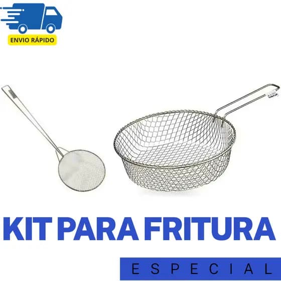 Kit Cesto Escorredor De Fritura Escumadeira Frigideira Fritadeira Bar Cozinha Restaurante Lanchonete