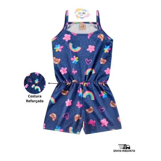 Macaquinho Infantil Juvenil Menina Crepe Estampa Ursos e Flores Verão