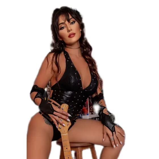 Body Feminino Cirre Preto Com Detalhes Metal Feras Do Rock dark couro sintético