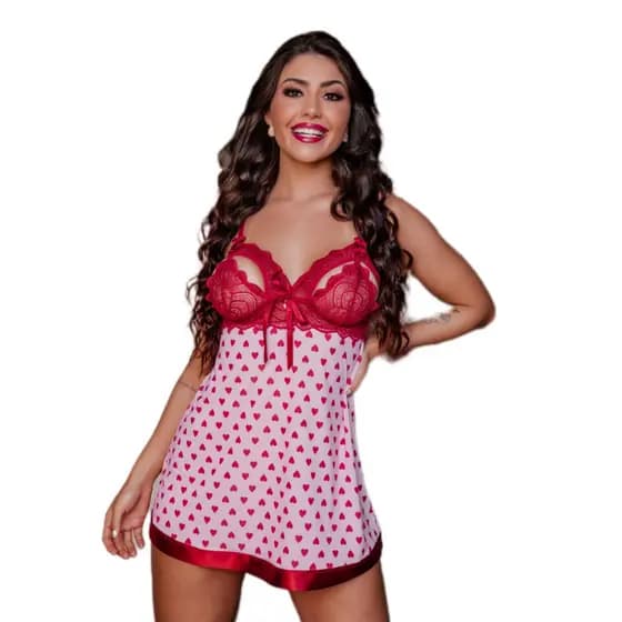 CAMISOLA CORAÇÃO CHEIRINHO DE AMOR com Calcinha Fio Dental