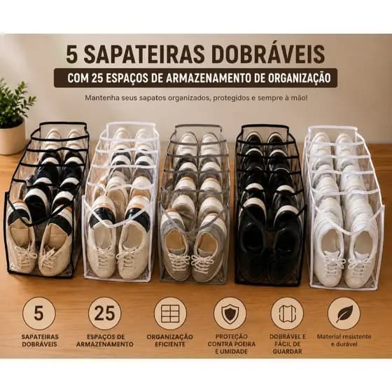 Sapateira Organizadora Dobrável Transparente Kit 5 Unidades 25 Espaços