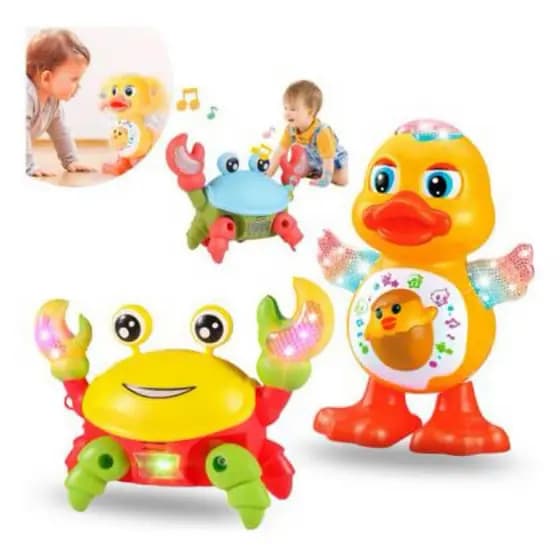 Caranguejo fujão + Pato Brinquedo Patinho Dançarino com som e luz, anda e mexe tummy time