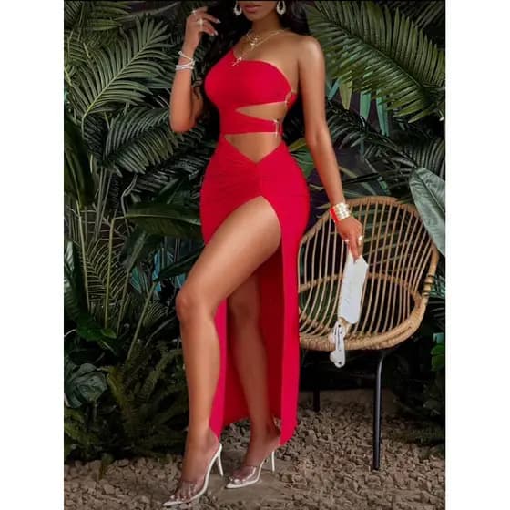 Vestido vermelho fenda Natal ilhós Shein