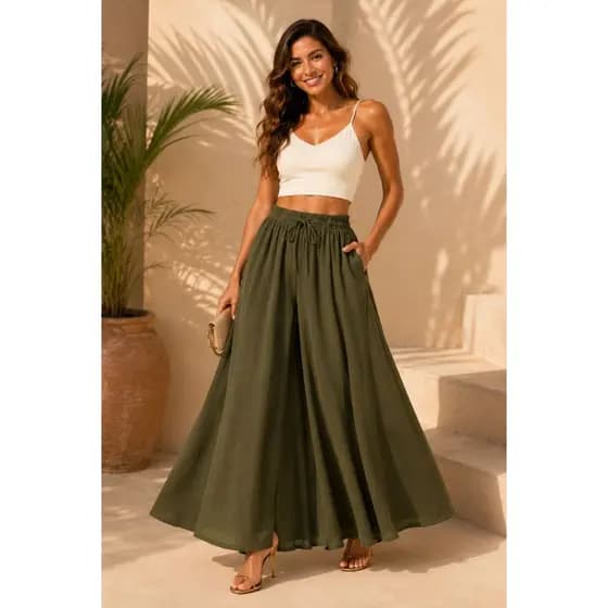Calça Pantalona Feminina Cintura Alta Wide Leg Elegante Moda Resort Casual