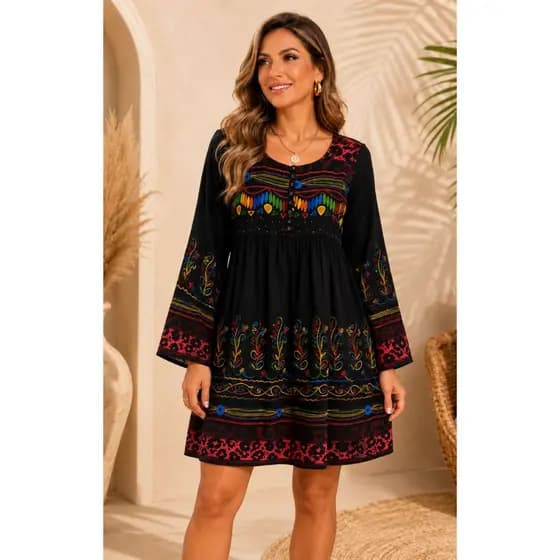Bata Feminina Bordada Boho Manga Longa Soltinha Elegante Estilo Suéter Feminina