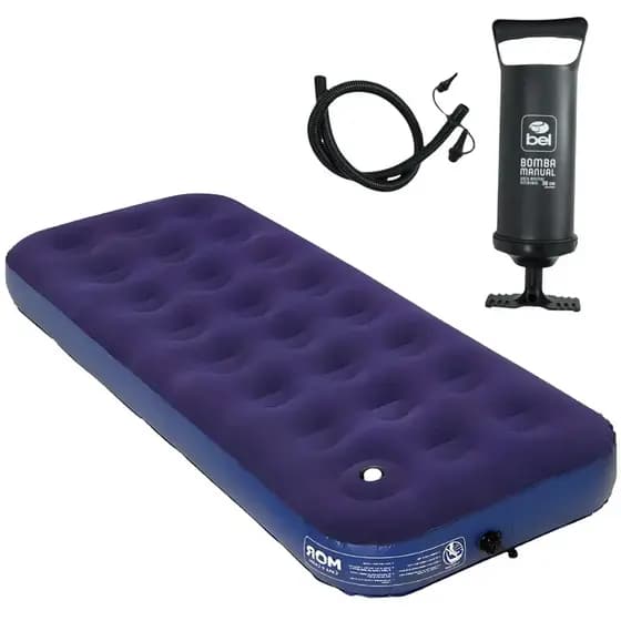 COLCHAO INFLAVEL SOLTEIRO CAMPING + BOMBA DE AR MANUAL 30CM COM 3 BICOS