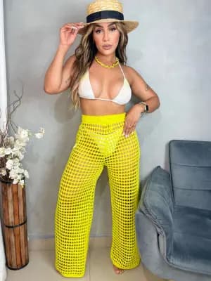 Saída de Praia Calça Tricot Amarela Tecido Premium