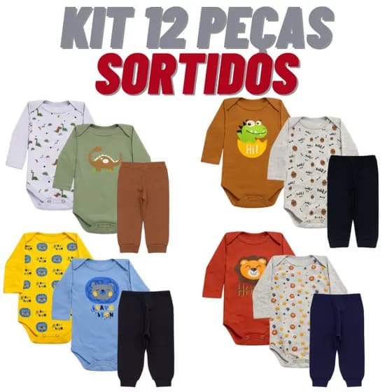 Kit Roupa De Bebe 12 Peças Body Manga Longa E Mijão Algodão Menino ou Menina