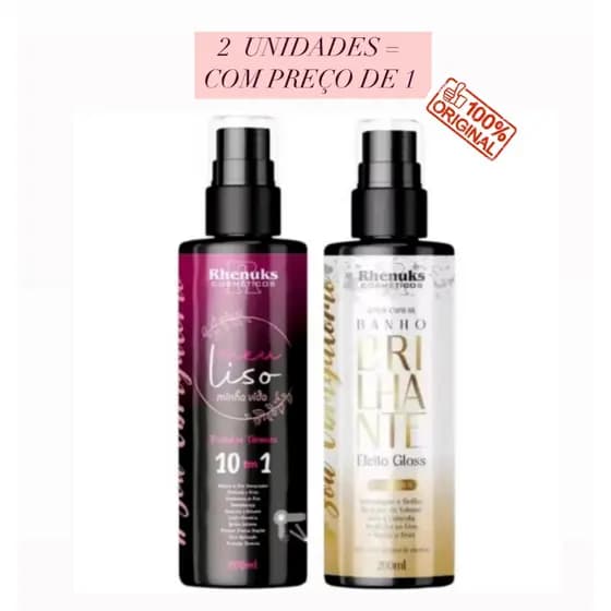 Kit com 2 Spray Protetor Térmico Capilar MEU LISO + BANHO BRILHANTE EFEITO GLOSS Rhenuks