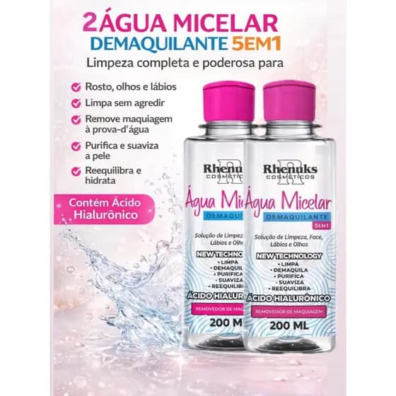 KIT 2 AGUA MICELAR DEMAQUILANTE 5 EM 1 LIMPEZA/REMOVE MAQUIAGEM/OLEOSIDADE RHENUKS - 200ML
