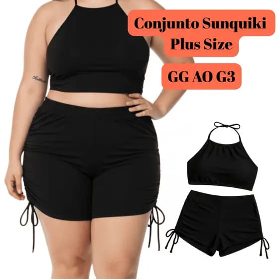 Moda Praia Plus Size GG ao G3 – Conjunto Top + Shorts Sunquíni Cordinha Preto
