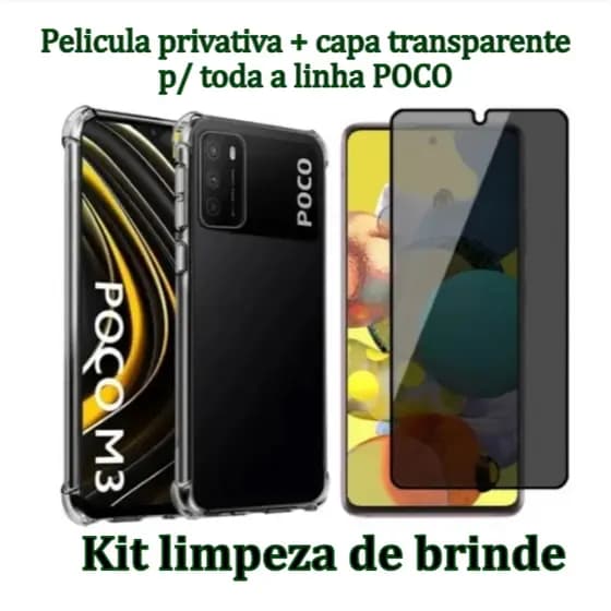 Capa Capinha Transparente +Película Privacidade Vidro 3D xiaomi POCO M3 M4 M5 X3 X4 X5 X6 PRO