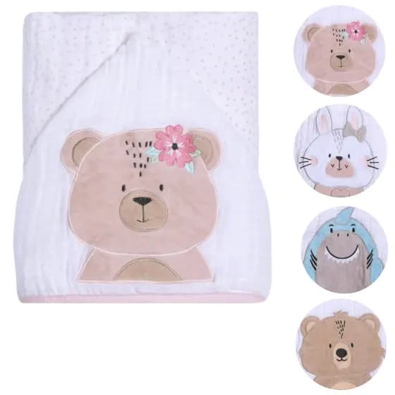 Toalha Banho Bebê Soft C/ Capuz 3 Camadas 100% Algodão Bordado Macio grossa 90 cm x 75 cm