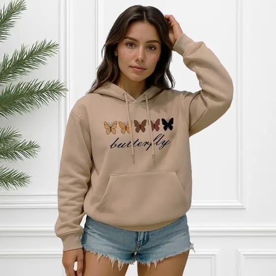 Moletom Blusa de frio Feminino Borboleta Inverno Agasalho Casaco Abrigo Canguru com Capuz e Bolso