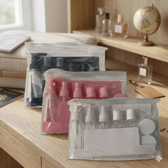 Kit Viagem/Porta Cosméticos Viagem 9/10 Peças – Frascos Reutilizáveis + Bolsa Organizadora Multiuso