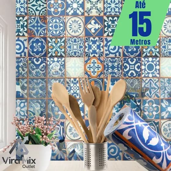 Papel de Parede Adesivo Azulejo Português Autocolante Rolo 5m x 45cm Cozinha Banheiro