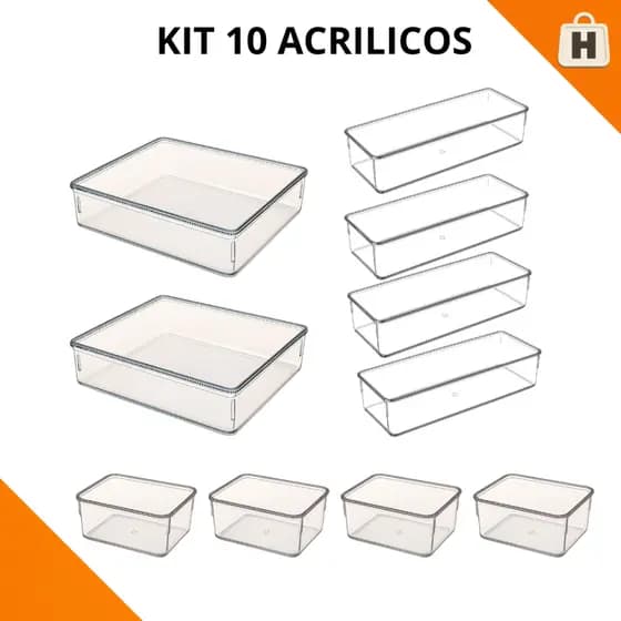 Conjunto 10 Organizadores de Acrílico Modular para Maquiagem Geladeira Gavetas Armário