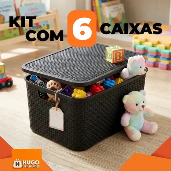 Kit 6 Cestos Organizadores Multiuso Rattan 7L Com Tampa Colorido