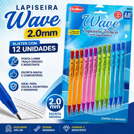 Lapiseira Wave 2.0mm Blister com 12 Unidades Escrita Grossa Escolar Profissional