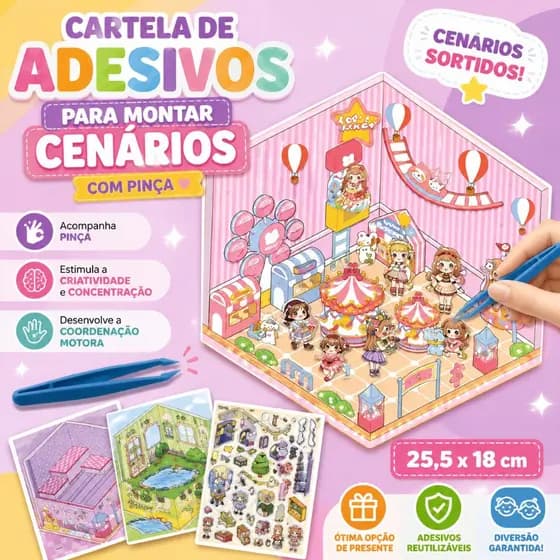 Cartela de Adesivos Infantil para Montar Cenários com Pinça 25,5x18cm Educativo Sortido