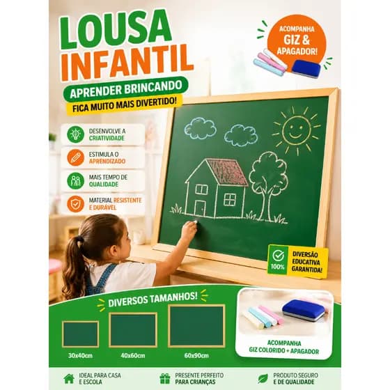 Lousa Infantil Educativa Com Giz e Apagador | Quadro Escolar de Madeira Para Desenho e Aprendizagem